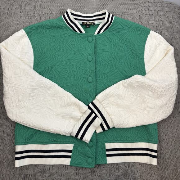 THML Jackets & Blazers - THML Women’s Lainey Quilted Varsity Style Kelly Green & Cream Jacket Size Large